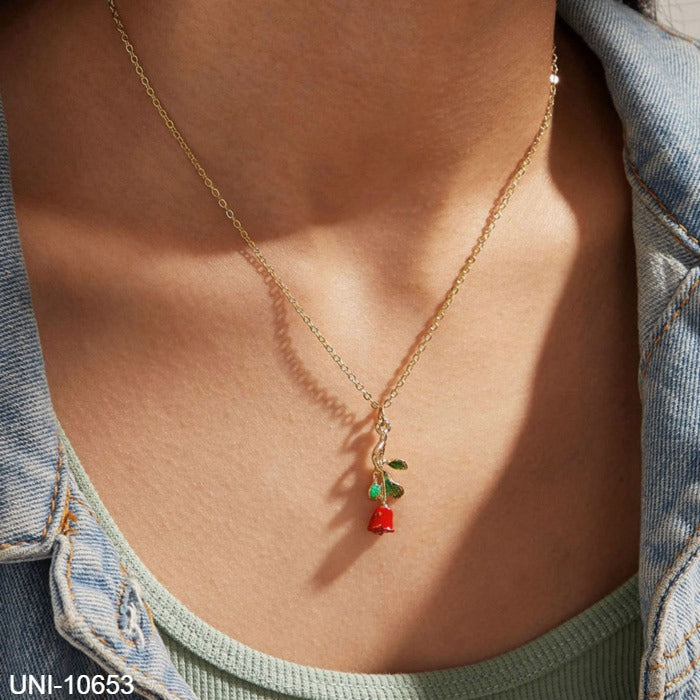 UNI-10653 - Red Rose Flower Gold - Necklace