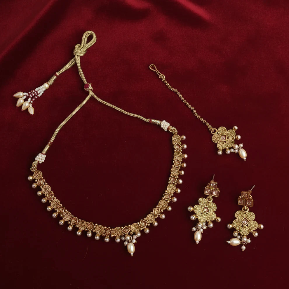 PJ-128 - Premium Gold Pearl Pink Diamonds Flowers - Jewelry Set