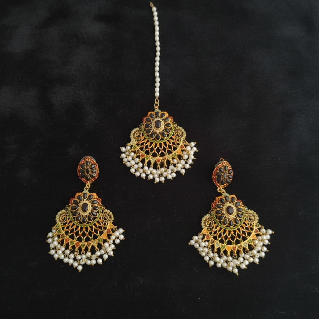 PJ-164 - Luxury Pearls & Black Diamonds Gold - Jewelry Set