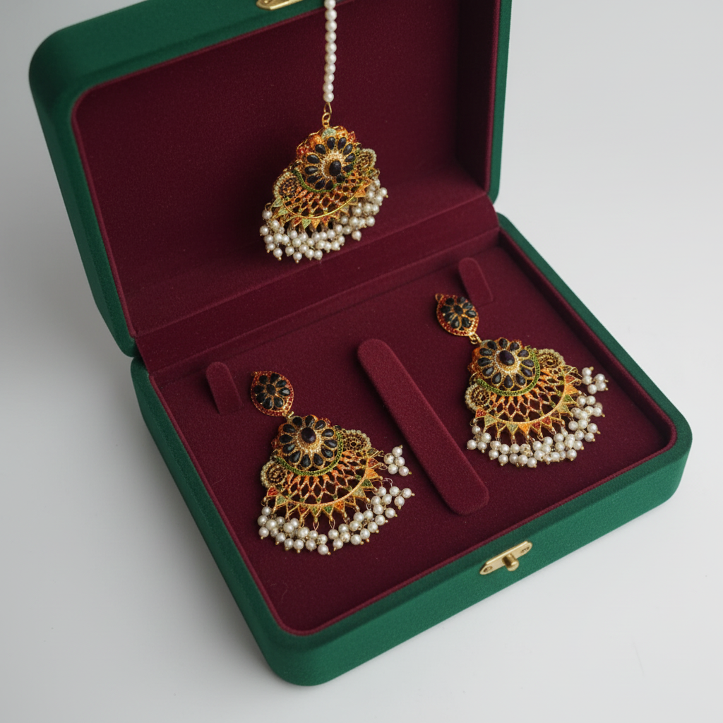 PJ-164 - Luxury Pearls & Black Diamonds Gold - Jewelry Set