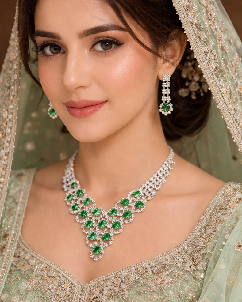 UNI-11925 - Fancy Green Diamonds Silver  - Jewelry Set