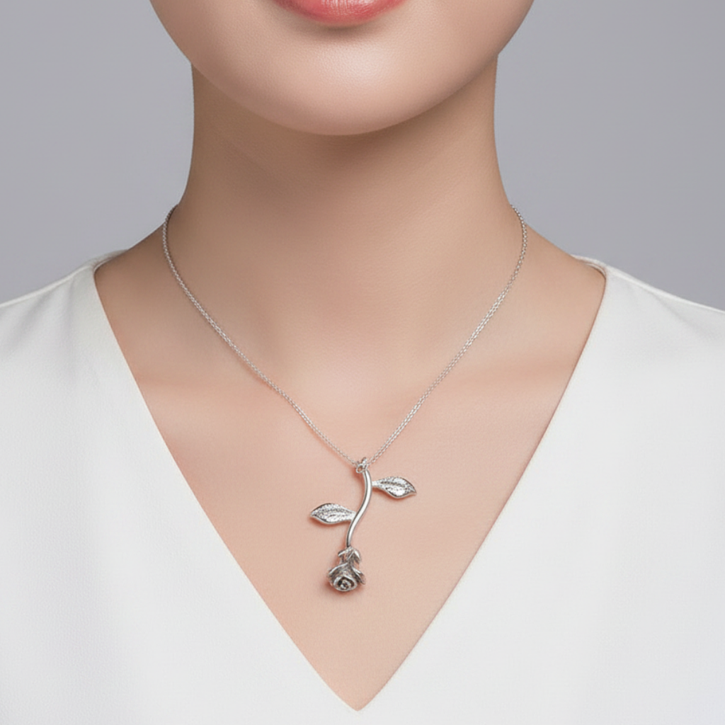 UNI-10502 - Silver Rose Flower - Necklace