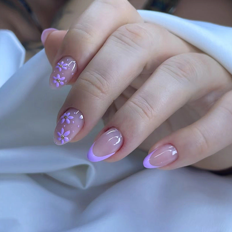 N-102 - Flowers & Purple Pastel - Press On Nail Set Of 24