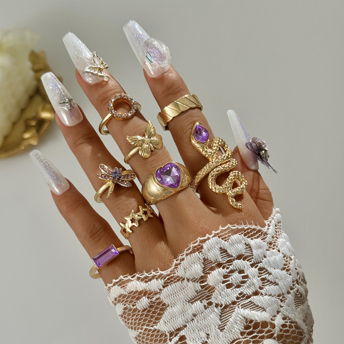 UNI-10770-2 - Gold Snake Purple Diamond  - Ring Set Of 8