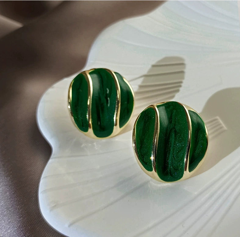 UNI-12857 - Luxury Green Round Gold Foil  - Earring