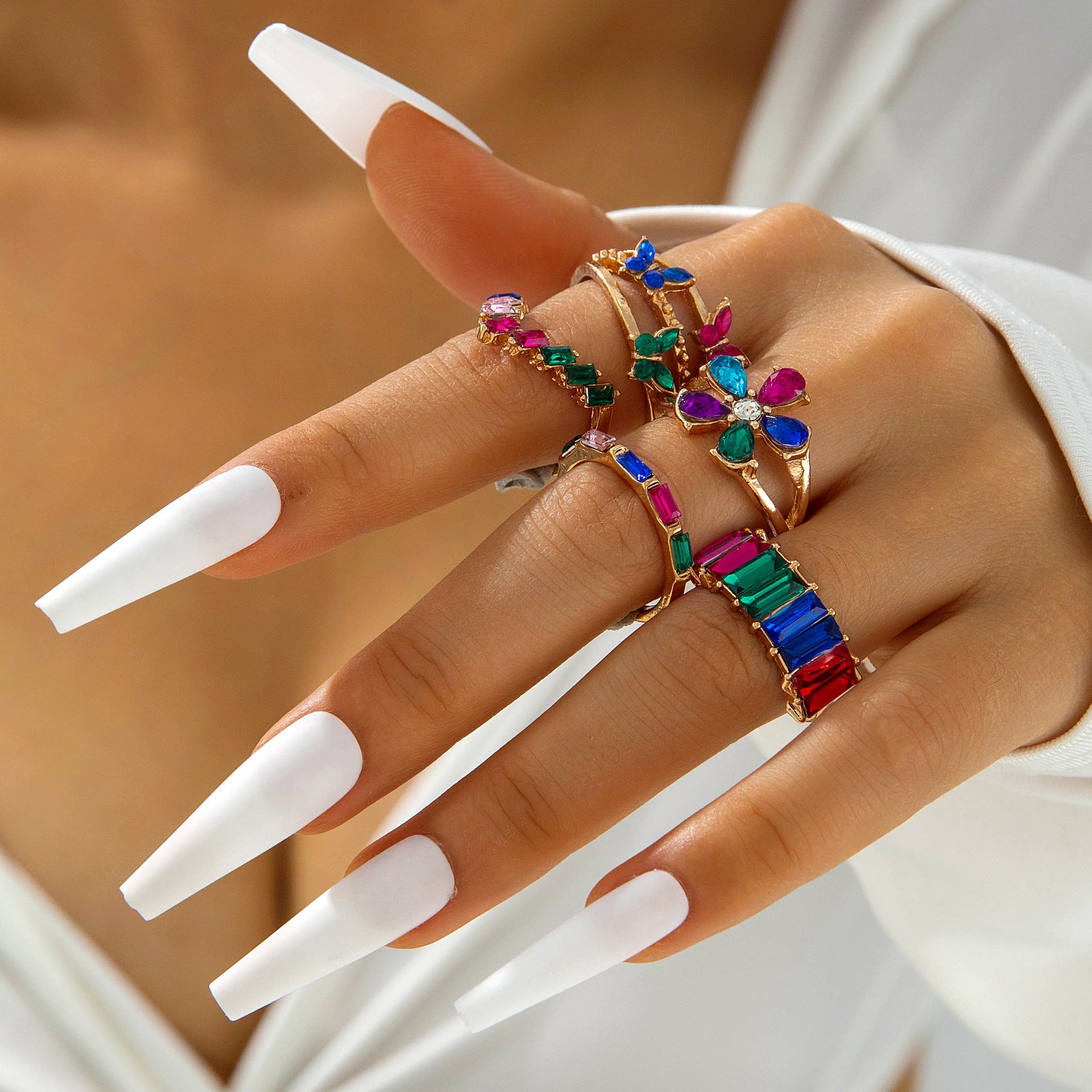 UNI-10770-5 - Multi Diamonds Gold   - Ring Set Of 5