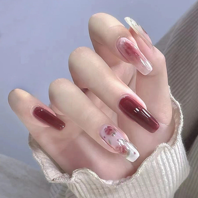 N-262- Pastel Flower & Red  Maroon - Press On Nail Set Of 24 - Free 24 Pcs Sticker Sheet Included
