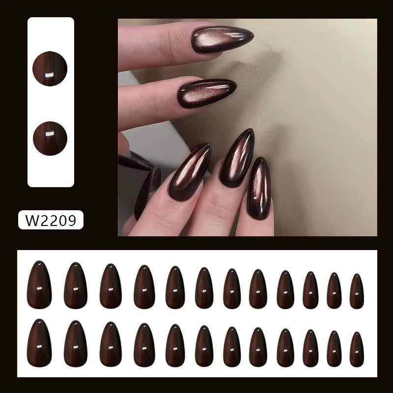 N-464- Galaxy Dark Night Metallic Brown  French Coffee Shade- Press On Nail Set Of 24 - Free 24 Pcs Sticker Sheet Included