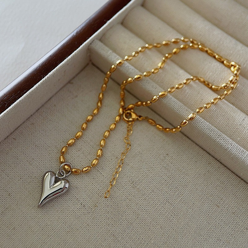SS-11503 - Premium Silver Heart Gold Foiled Beads - Necklace