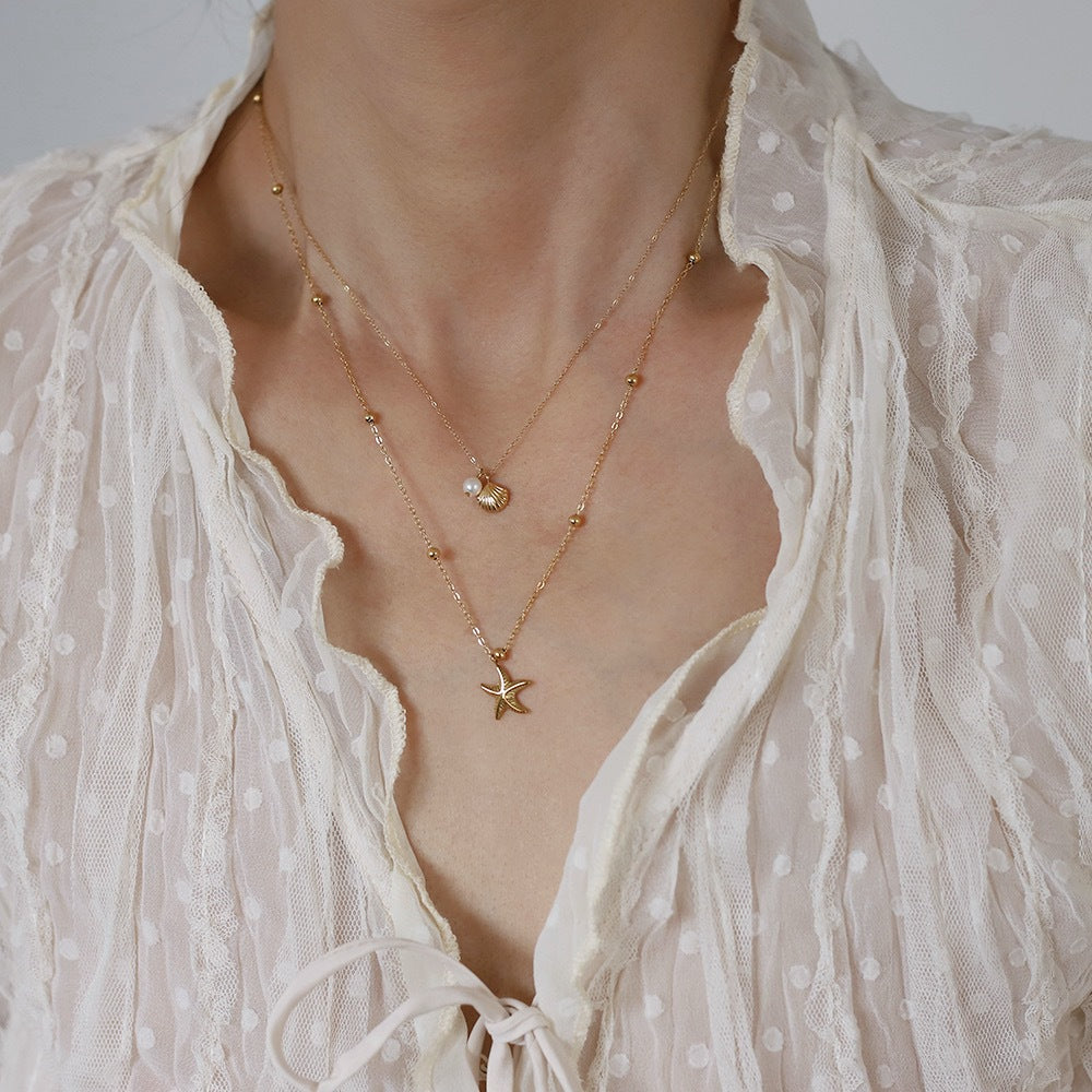 SS-11711 - Star Fish & Sea Shell Pearl Gold Double Layer - Necklace