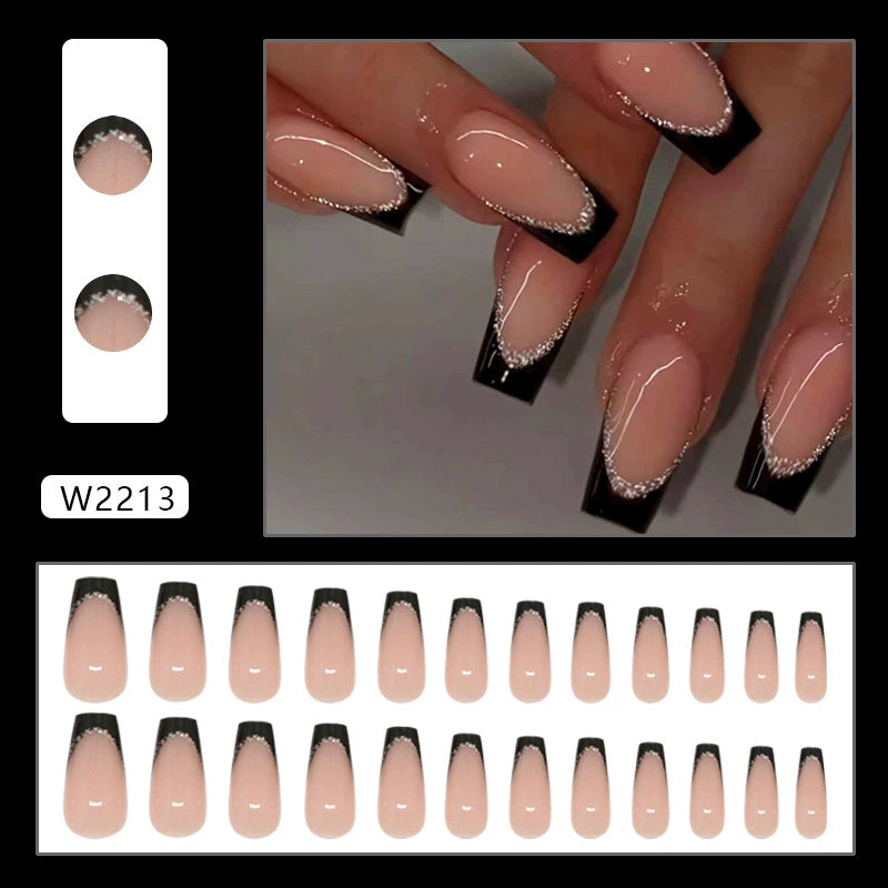 N-470 - French Black & Peachy Pink Sparkle - Press On Nail Set Of 24 - Free 24 Pcs Sticker Sheet Included