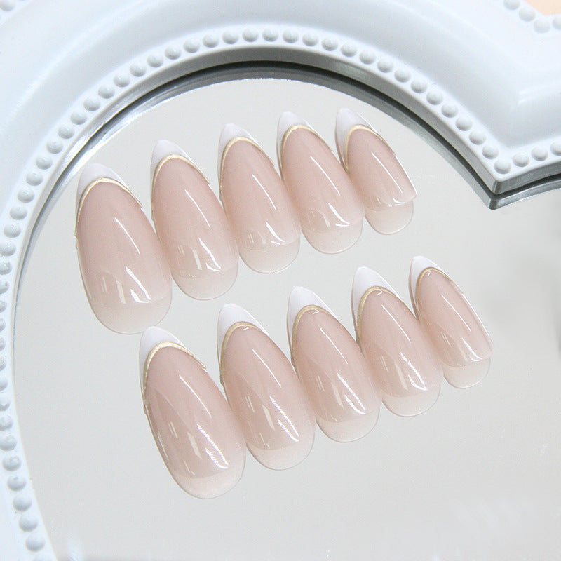 N-451 -  French Tip Gold Outline - Press On Nail Set Of 24 - Free 24 Pcs Sticker Sheet Included
