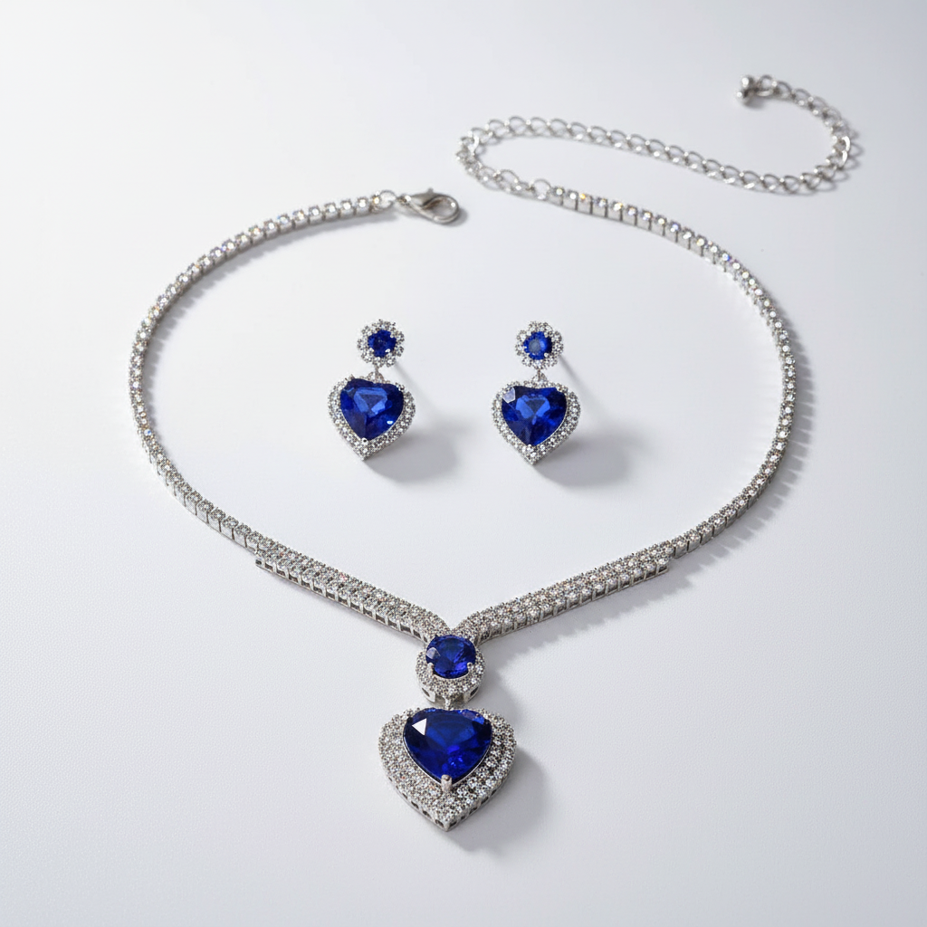 UNI-11948 - Blue Heart Diamonds Silver - Jewelry Set