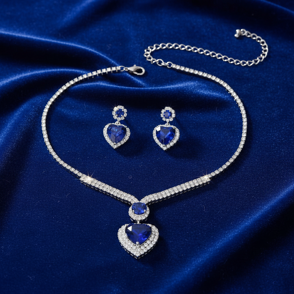 UNI-11948 - Blue Heart Diamonds Silver - Jewelry Set