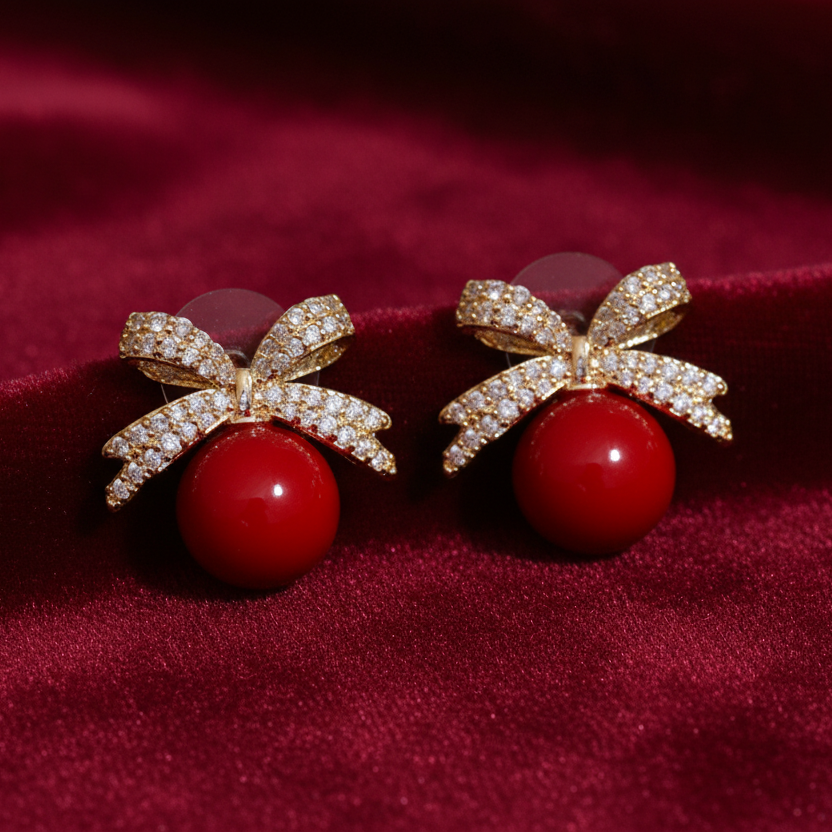 UNI-12057-2 - Red Pearl Bow & Sparkle Diamond - Earring