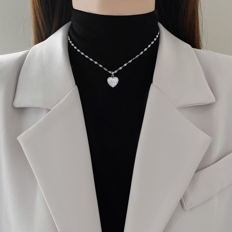 SS-12074 - Black & White Diamond Heart Double Side Silver - Necklace