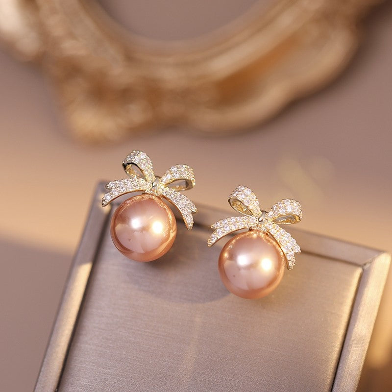 UNI-12057-1 - Pink Pearl Bow & Sparkle Diamond - Earring
