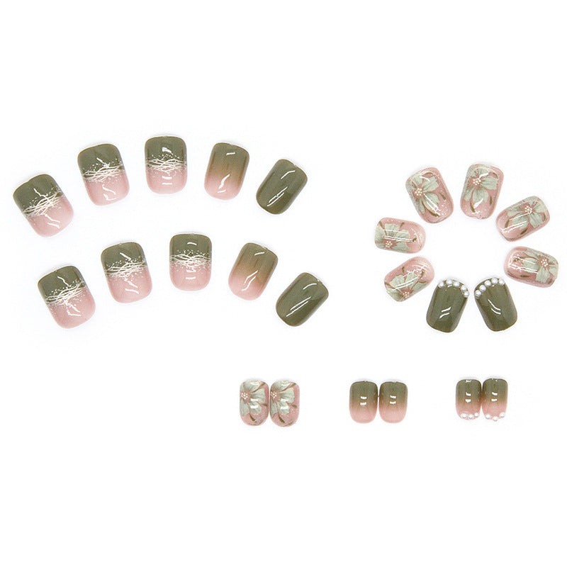 N-187 - Natural Flowers Green  - Press On Nail Set Of 24