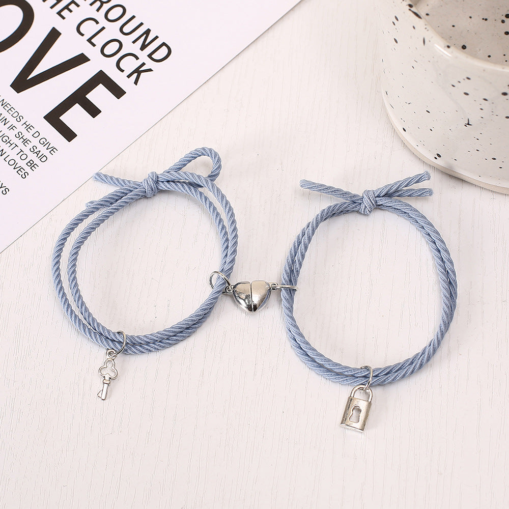 UNI-11720 - Blue Lock & Key Magnetic Heart - Bracelet Set