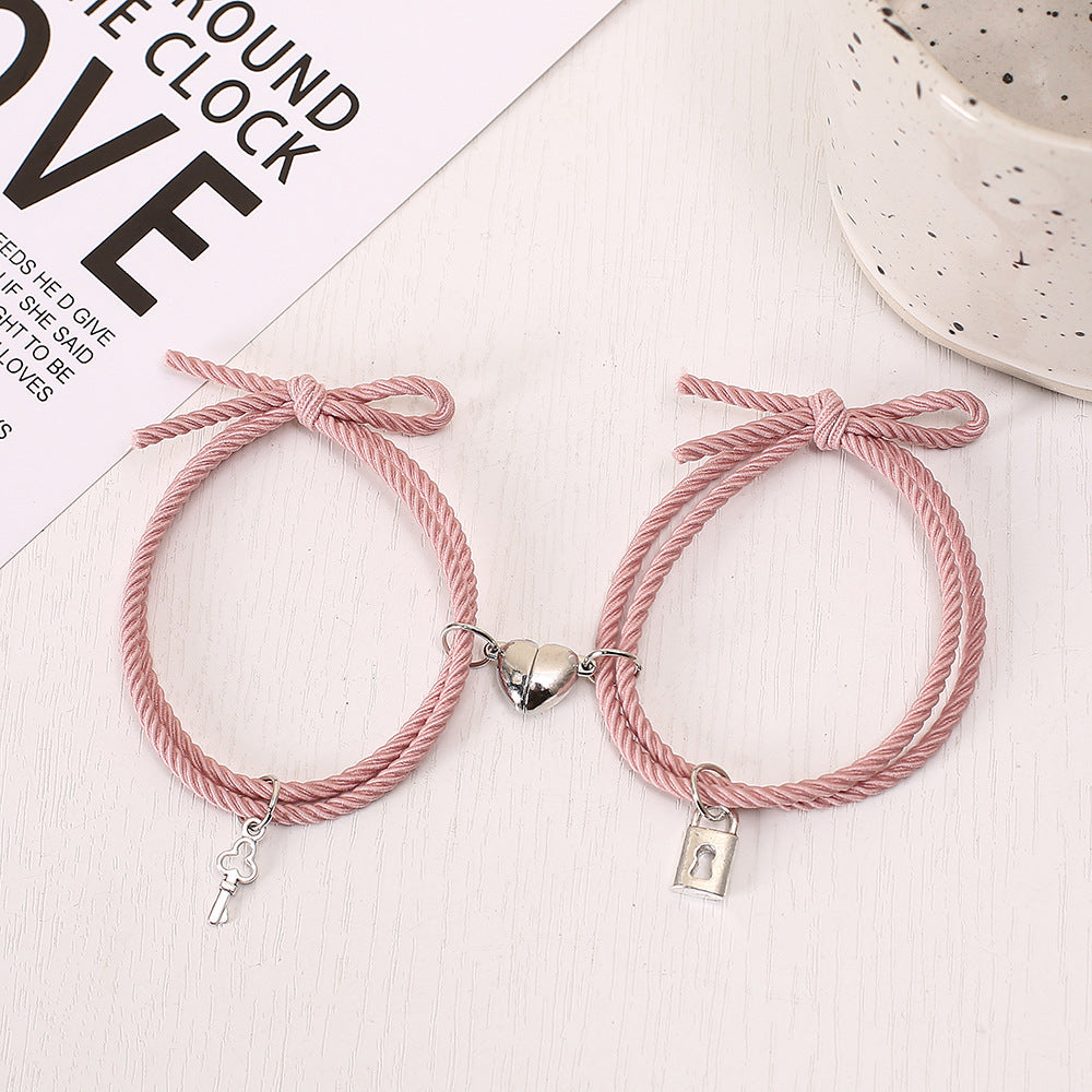 UNI-11719 - Pink Lock & Key Magnetic Heart - Bracelet Set
