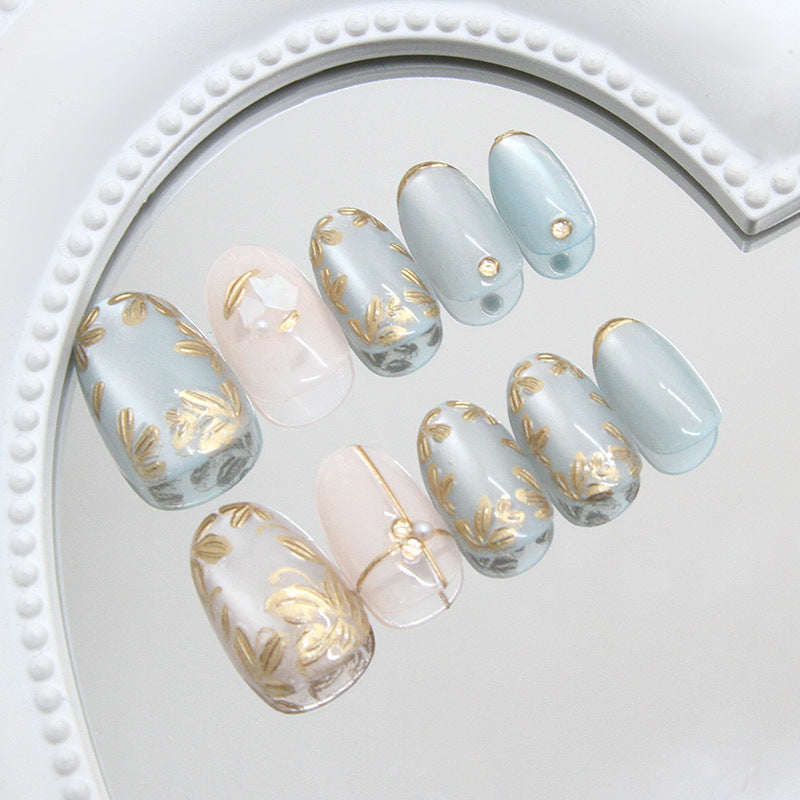 N-252  - Premium Gem Gold Flowers - Press On Nail Set Of 24 - Free 24 Pcs Sticker Sheet Included