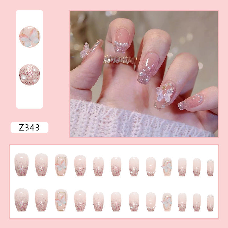 N-160 - Pearl & Butterfly Shiny Pink - Press On Nail Set Of 24