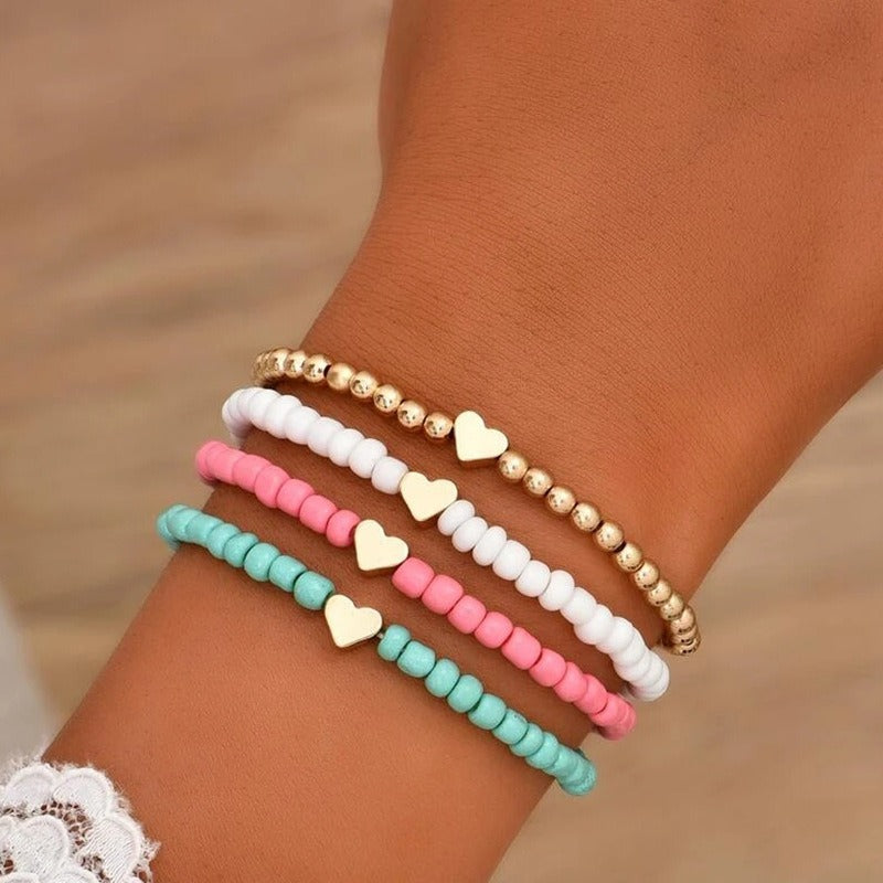 UNI-10706 - Foiled Heart Beaded - Bracelet Set of 4
