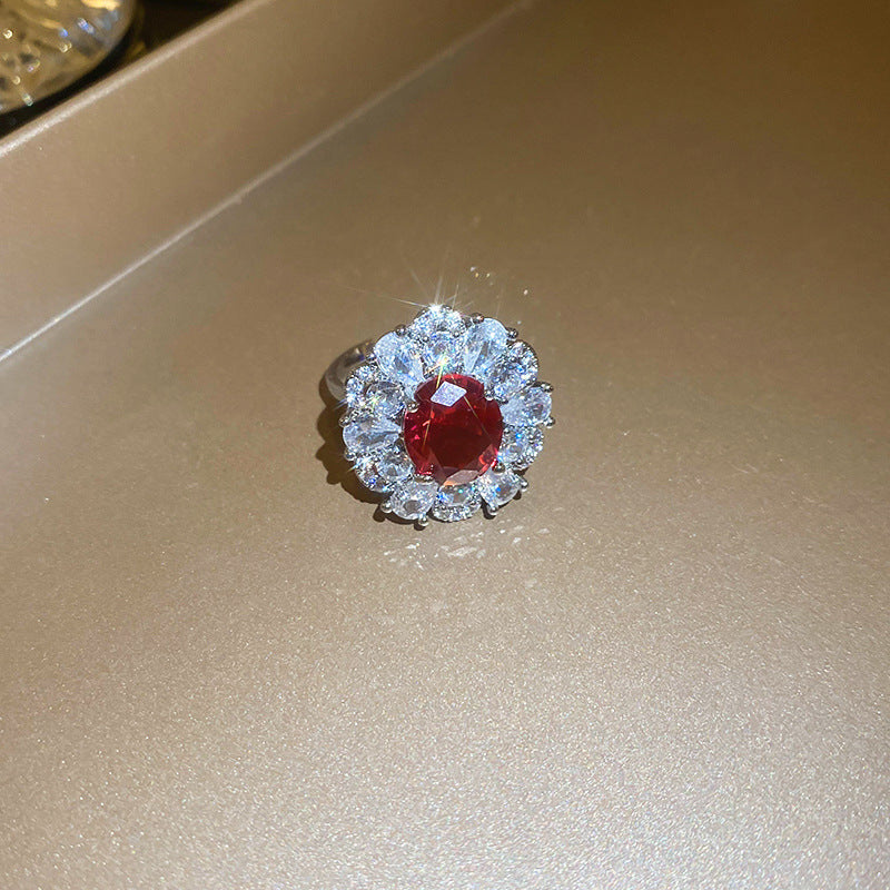 UNI-11810 - Red & White Diamonds Flower Silver - Ring
