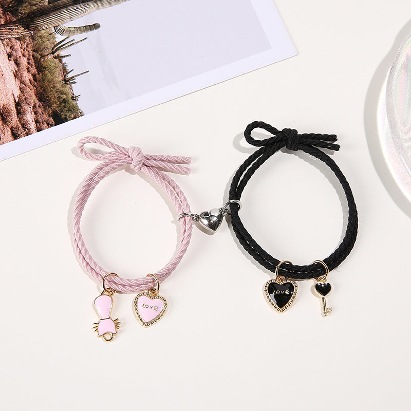 UNI-11762 - Love Charms Pink & Black Magnetic Heart - Bracelet Set