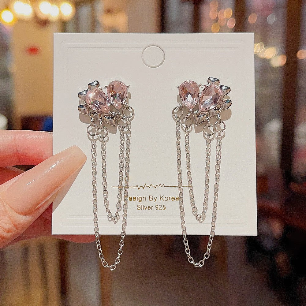 UNI-11265 - Crystal Diamond & Silver Chain - Earring