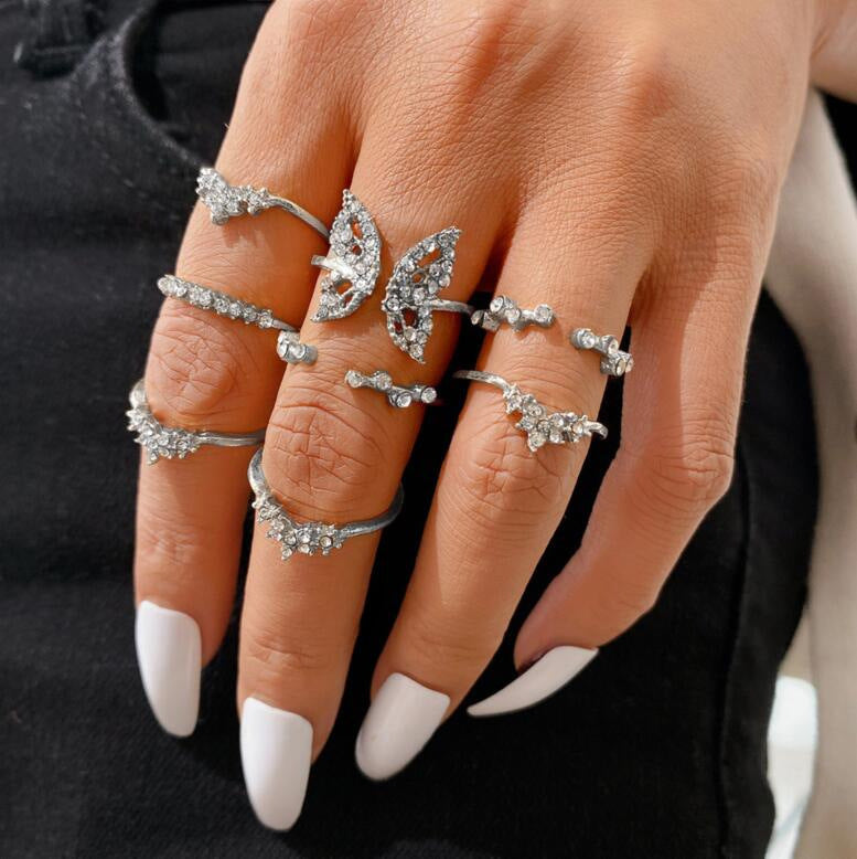 UNI-10168-6 - Sparkle Butterfly Diamond Silver - Ring Set Of 8
