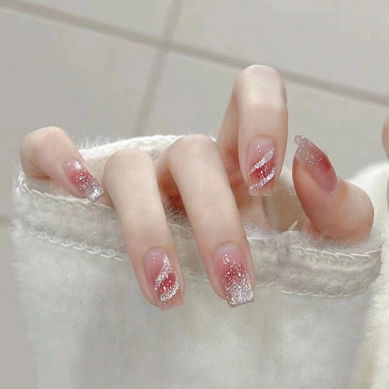N-176 - Silver Foiled Sparkles Pink - Press On Nail Set Of 24