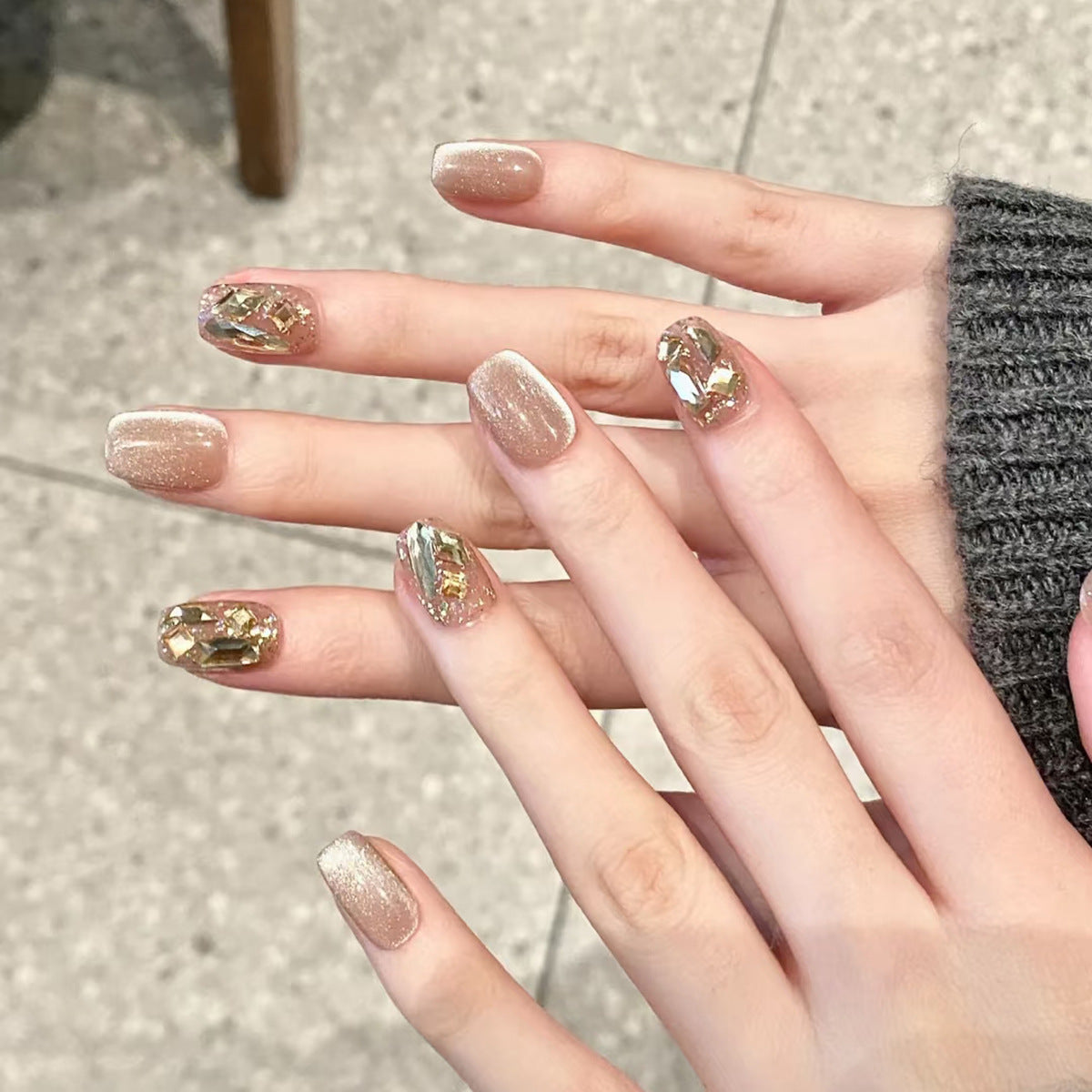 N-162 - Gold Crystal Diamond Pink - Press On Nail Set Of 24