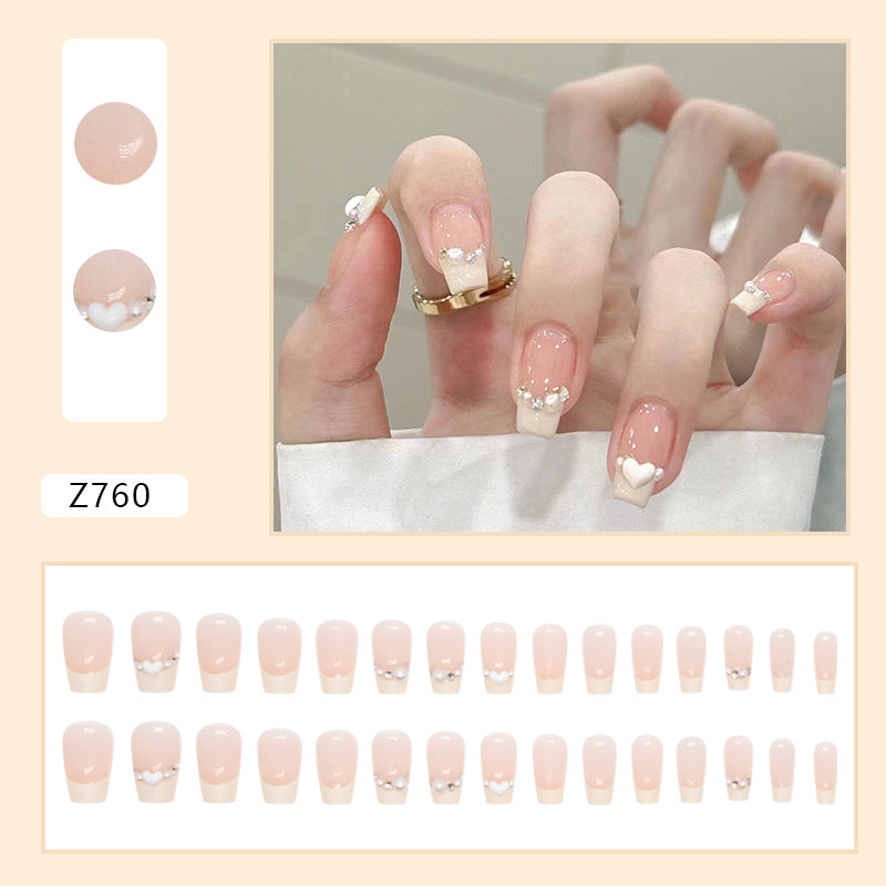 N-166 - White Pearl & Heart - Press On Nail Set Of 24
