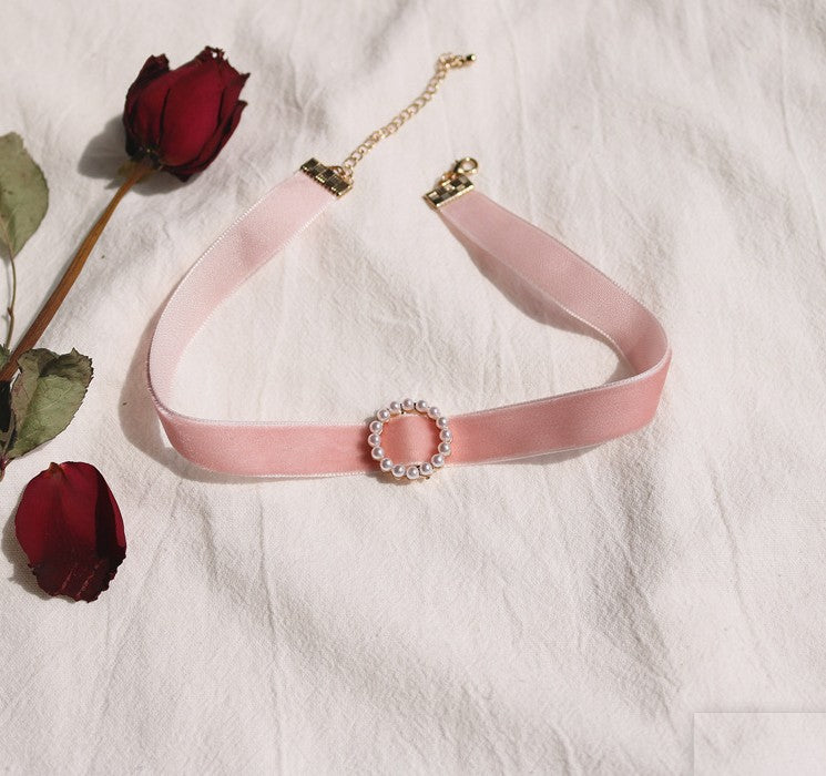 UNI-10991 - Pink Velvet Neck Round Pearl - Necklace