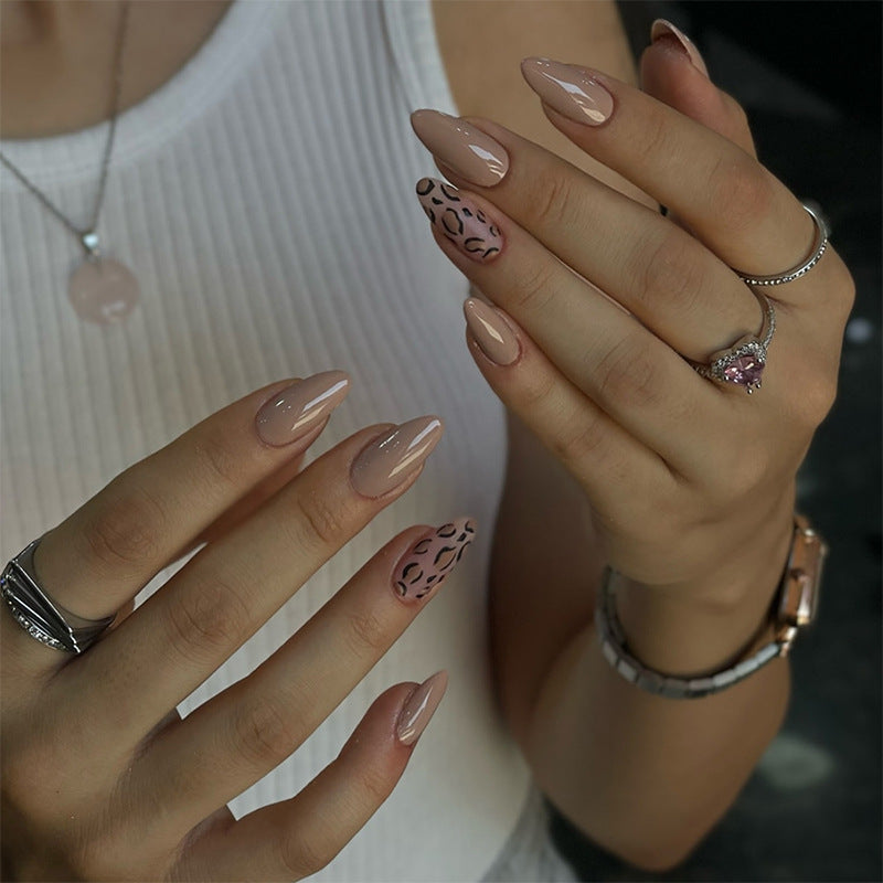 N-215 - Fancy Print & Pastel Brown - Press On Nail Set Of 24 - Free Nail Kit Included