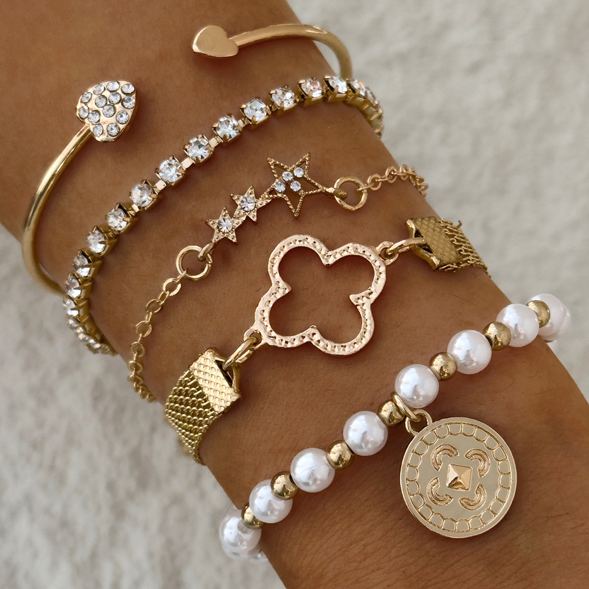 UNI-10162-1 -Pearl & Gold Diamonds Bangle &  Bracelet Set Of 5