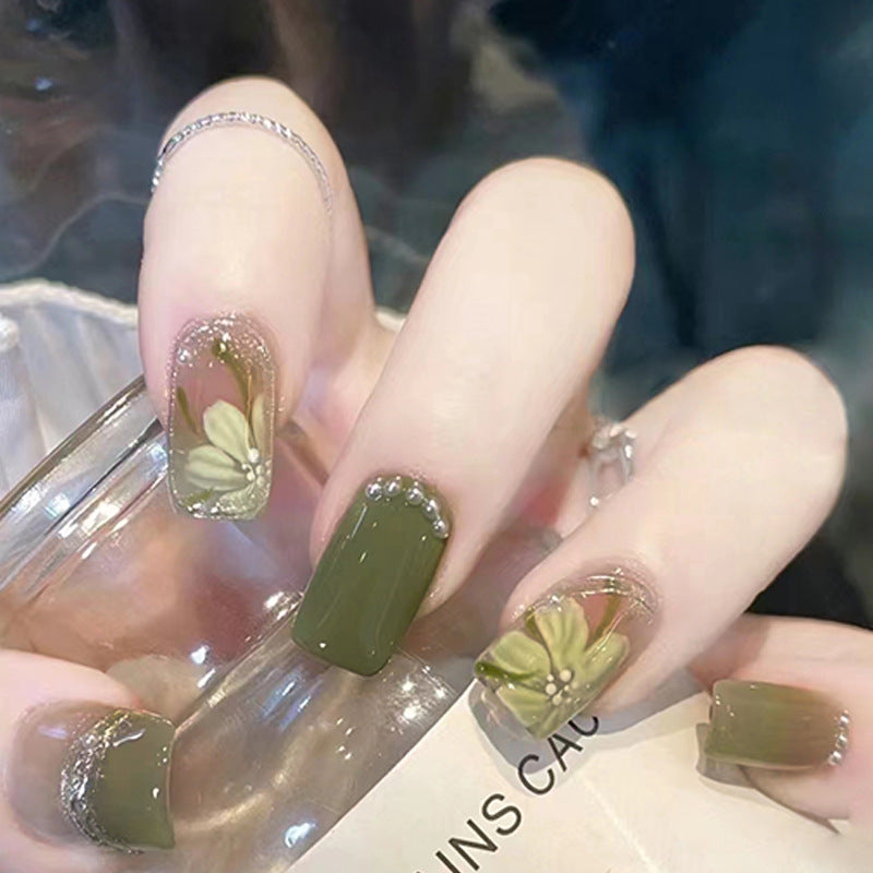 N-187 - Natural Flowers Green  - Press On Nail Set Of 24