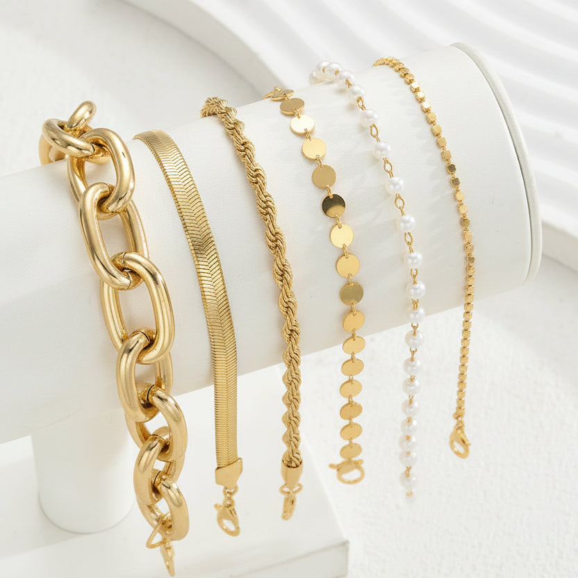 UNI-12825 - Luxury Pearl & Chain Gold Foil - Bracelet Set of 6