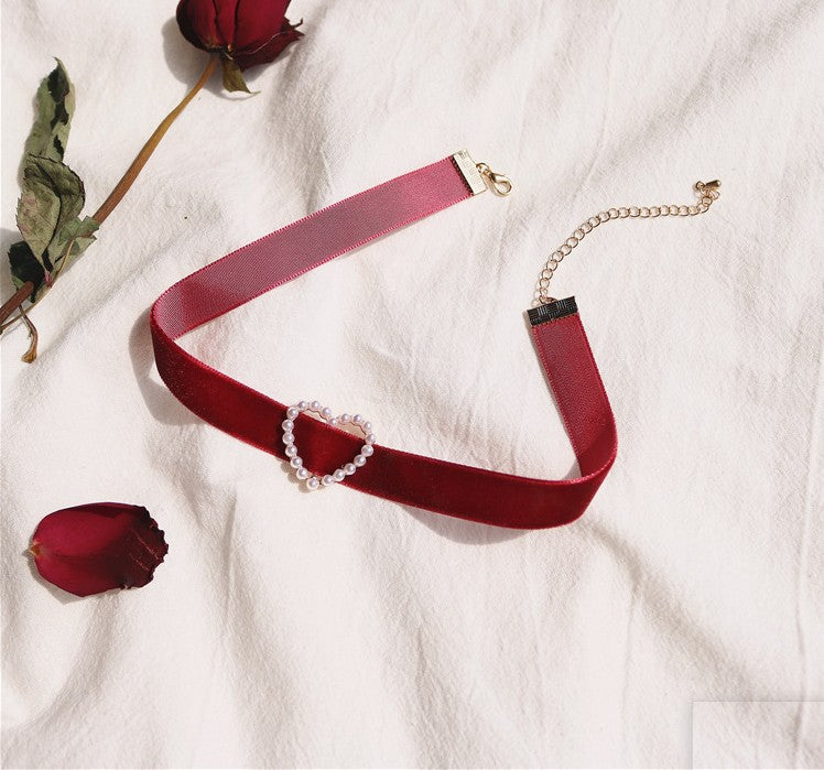 UNI-10994 - Maroon Velvet Neck Heart - Necklace