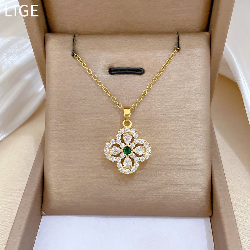 SS-12082  - Emerald Green Gem Flower Gold - Necklace