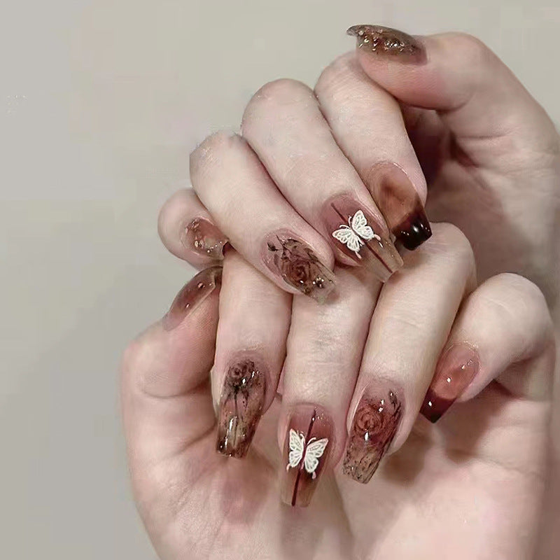 N-153 - Chocolate Brown Sparkle Butterfly  - Press On Nail Set Of 24