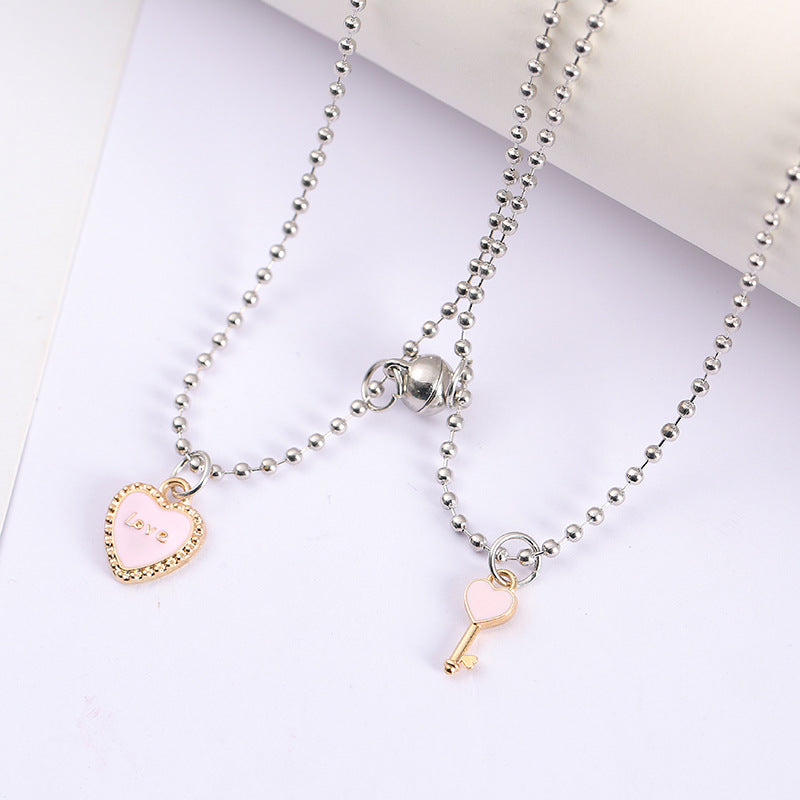 UNI-11803 - Pink Love Lock & Key Magnetic - Necklace Set Of 2