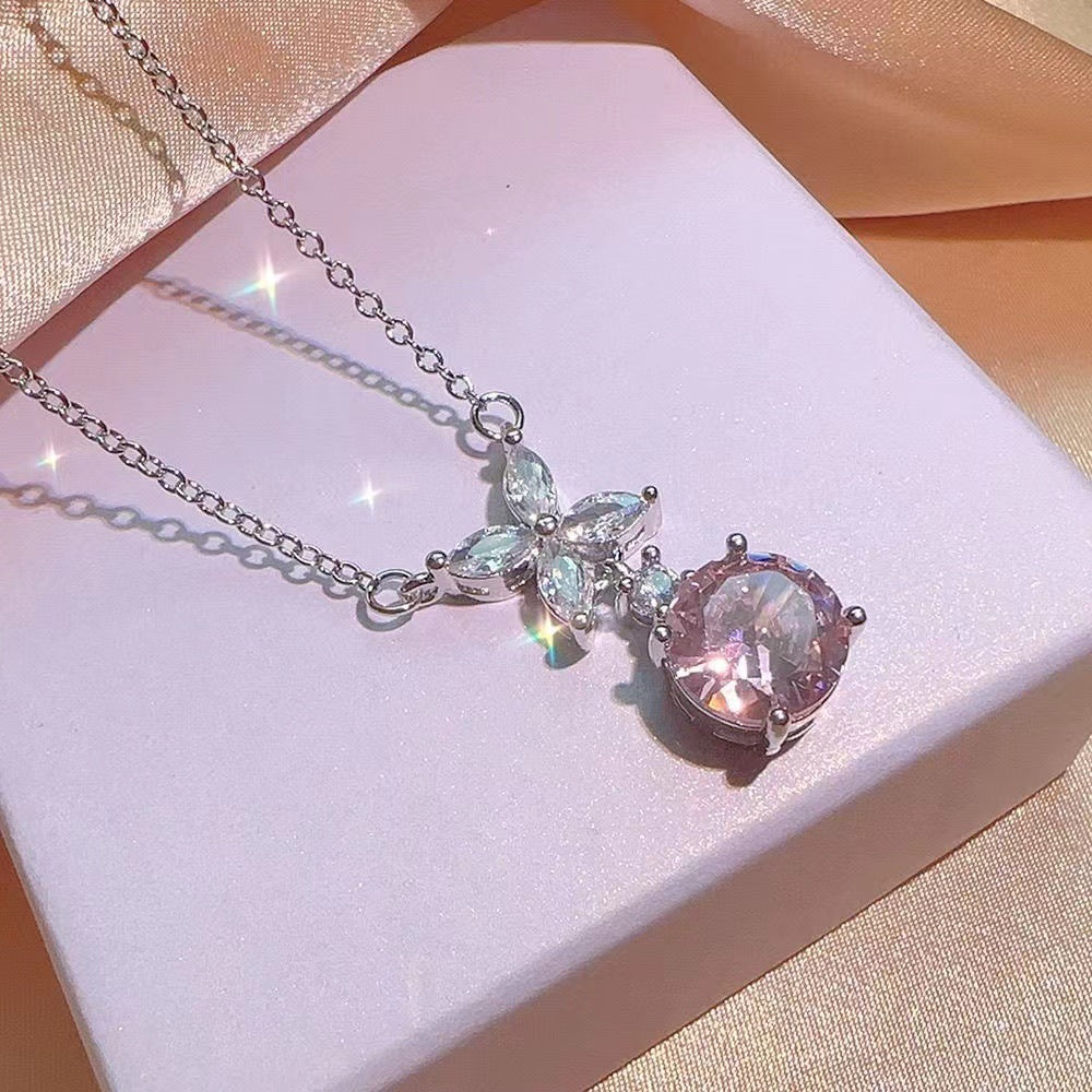 UNI-11020 - Pink Flower Diamond Silver - Jewelry Set