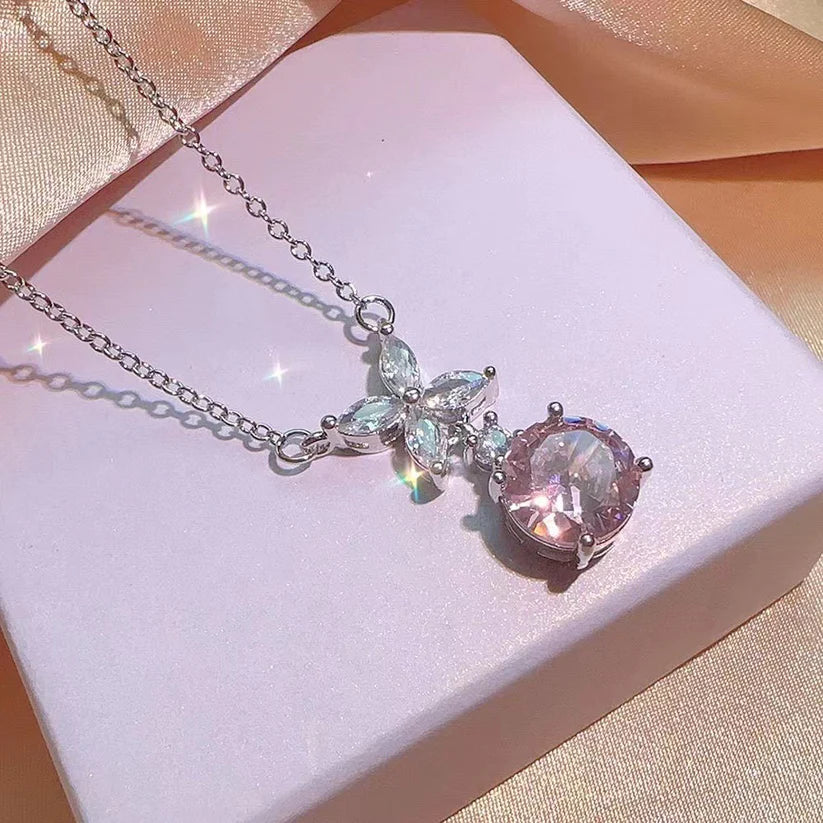 UNI-11020-1 - Pink Flower Diamond Silver - Necklace