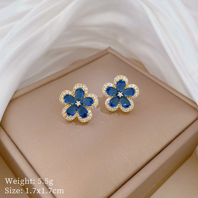 SS-12070 - Luxury Blue Diamond Flower Gold - Earring