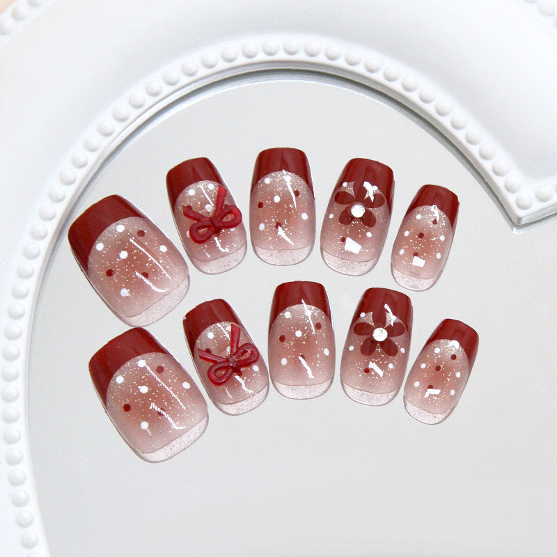 N-472 - Red Flower & Bow - Press On Nail Set Of 24 - Free 24 Pcs Sticker Sheet Included