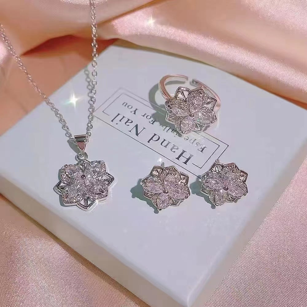 UNI-11042 - Sparkle Diamond Flower Silver - Jewelry Set