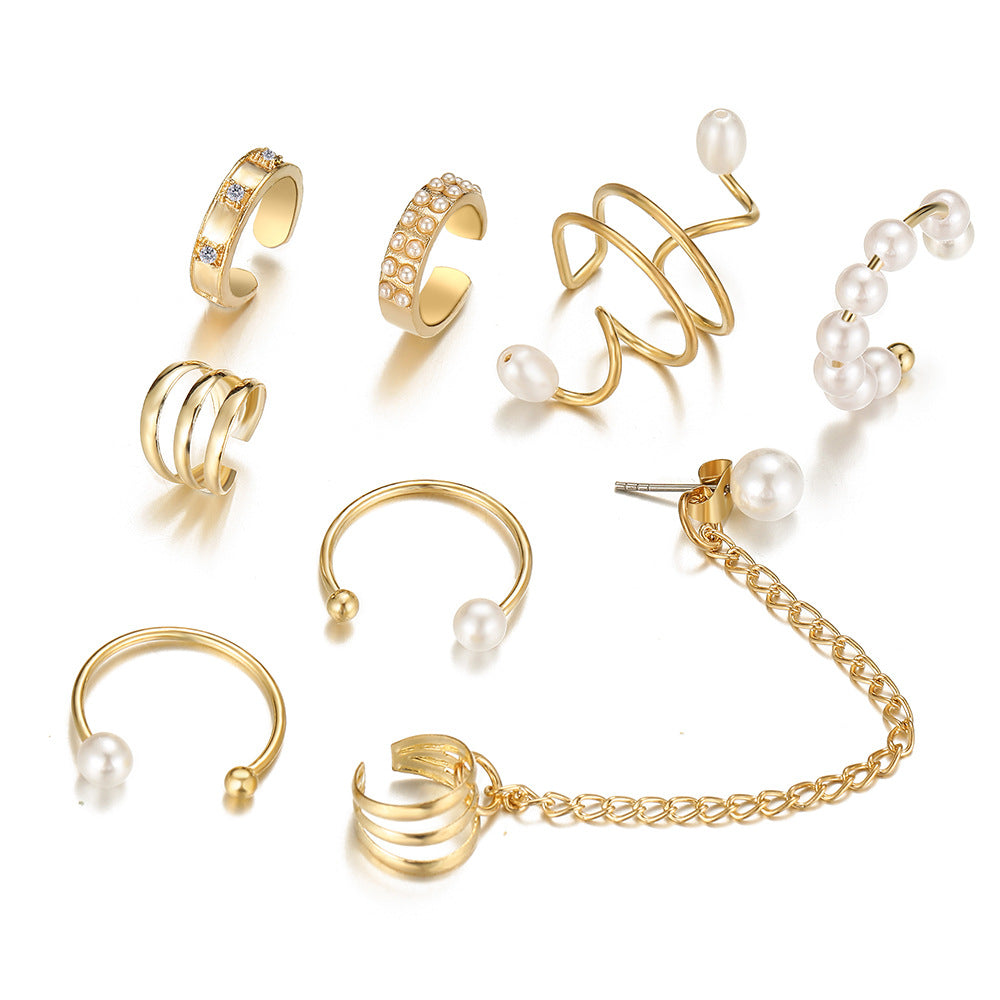 UNI- 11183  - Pearl & Diamond Gold Ear Cuff  - Earring Set of 8