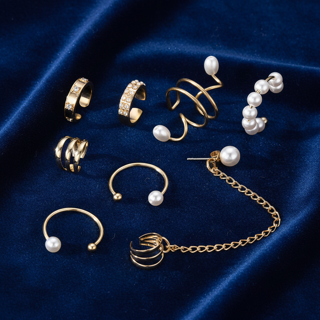 UNI- 11183  - Pearl & Diamond Gold Ear Cuff  - Earring Set of 8